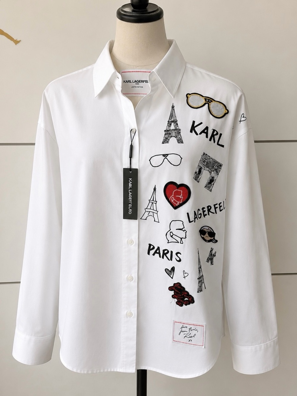 Karl Lagerfeld White Button-Up Shirt with Paris Embroidered Motifs